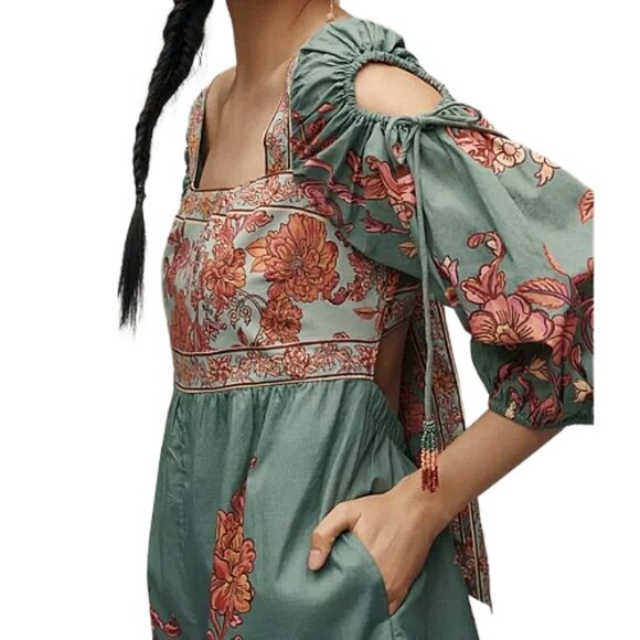 NWT Farm Rio Anthropologie Puff-Sleeve Square-Neck Romper Green S Floral Boho - Picture 7 of 15